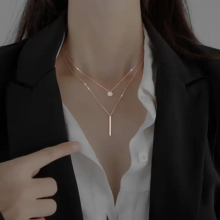 LATS – collier rond brillant, couleur or Rose, chaîne de clavicule Double couche exquise, bijoux pour femmes, cadeau, nouvelle collection