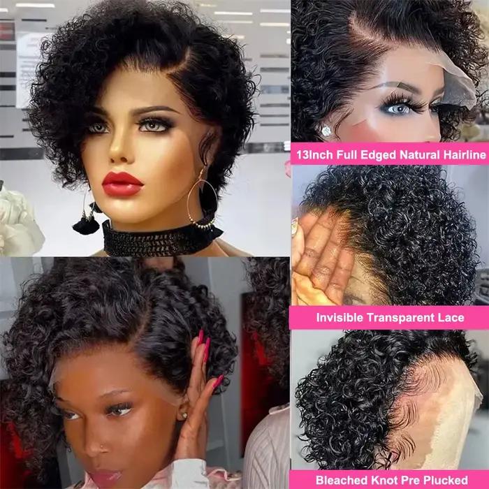 Perruque courte bouclée Pixie Cut, dentelle transparente 13x1, 100% cheveux humains, perruque brésilienne couleur bordeaux 99J pour femmes