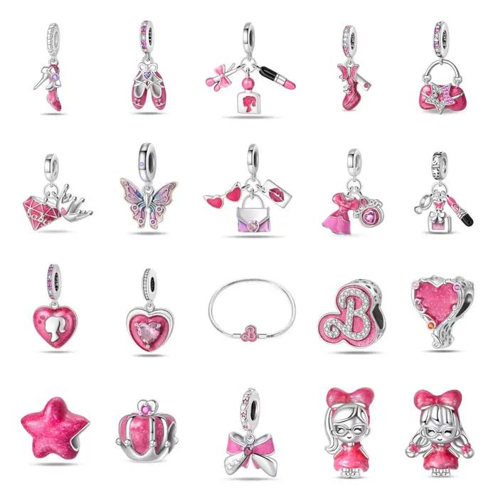 Breloque Perle en Argent 925 pour Fille, Série Rose, Motifs Robe de Princesse, Trousse de Maquillage, Chaussures de Danse, Queue de Cheval, Beauté, Compatible Bracelet DIY 3mm