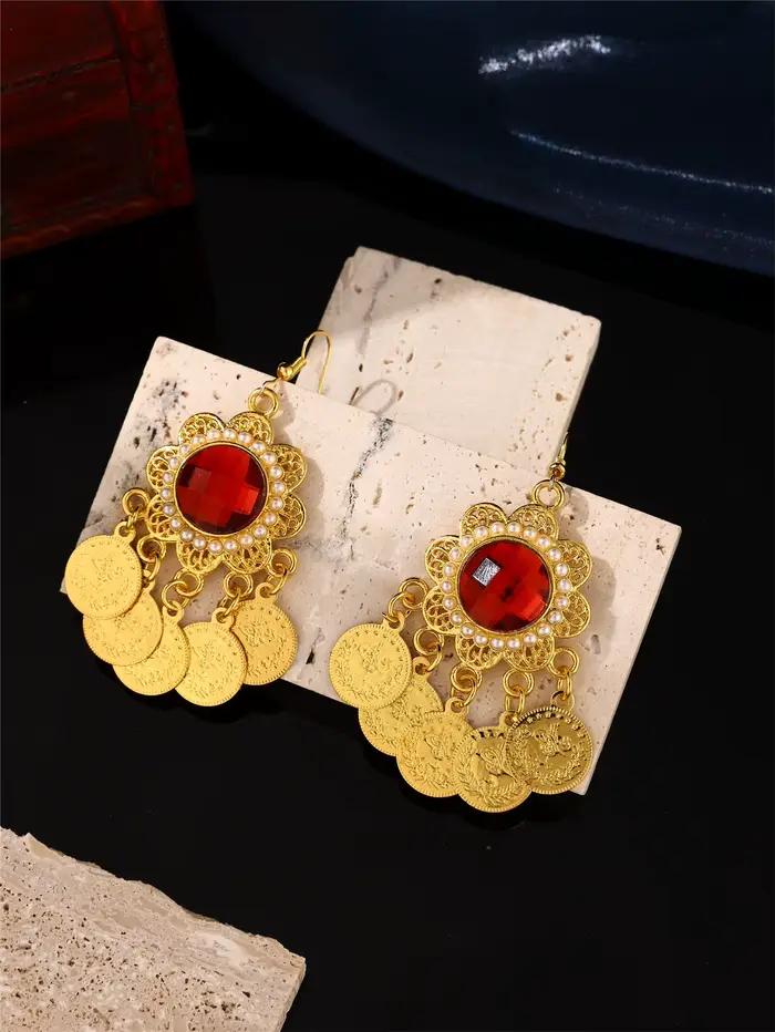 Ensemble de boucles d'oreilles luxueuses pour femme arabe, serties de pierres précieuses artificielles et de pendentifs en forme de pièce de monnaie, cadeau de bijoux de mariage pour mariée marocaine