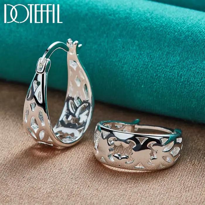 DOTEFFIL 925 en argent Sterling géométrique creux cerceau boucle d'oreille pour femme charme fête de fiançailles fête de mariage bijoux cadeau