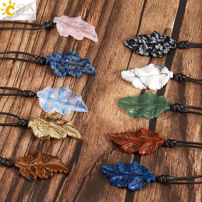 CSJA – collier avec pendentif feuilles en pierre naturelle pour femmes, colliers en cristal sculpté à la main, bijoux pour hommes, cadeau d'halloween H246