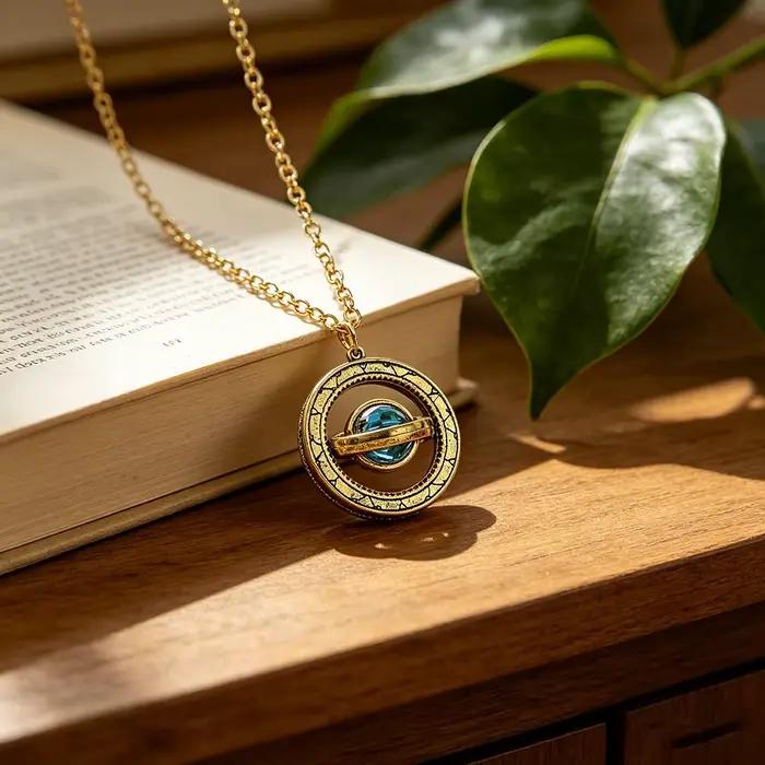 Collier Pendentif Planète Rotative Vintage en Or Antique avec Cristal Bleu, Bijou Saturne Rétro Tournant