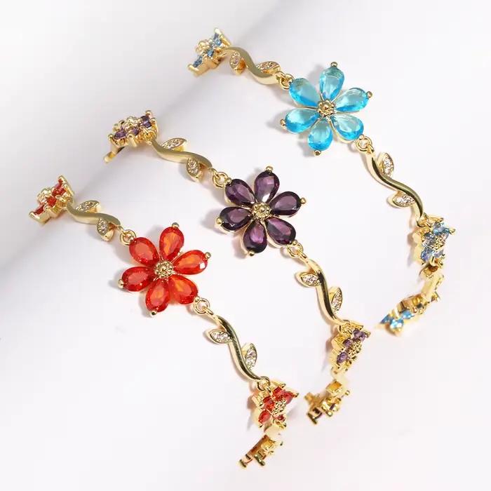 Bracelet élégant en Zircon pour femmes, violet, rose, bleu, fleurs, Y2K, doux, nœud pour filles, bijoux de luxe de styliste, cadeau