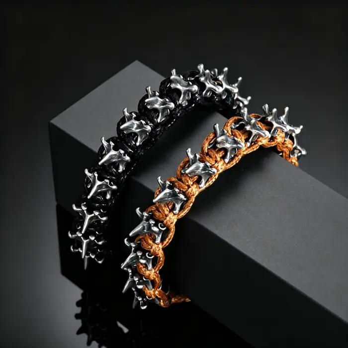 Bracelet ajustable en corde tressée avec épines de dragon gothique en métal pour hommes, bijoux punk hip-hop