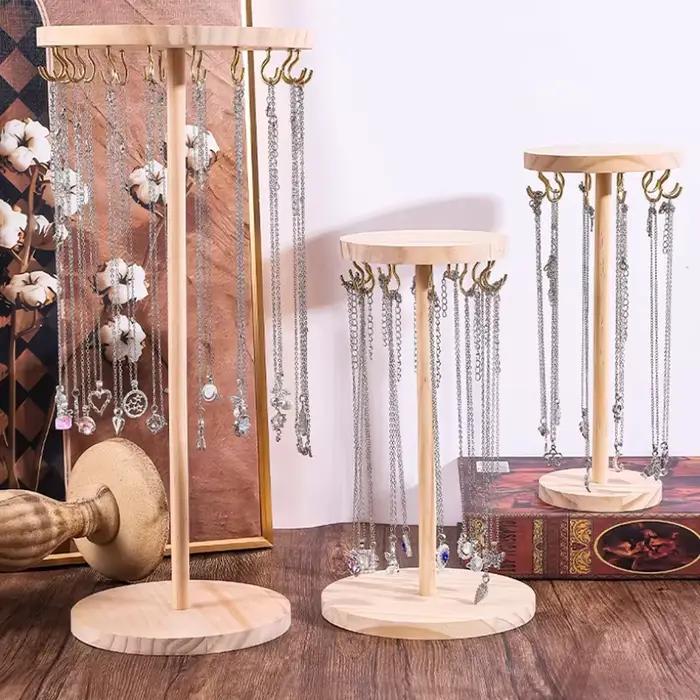 Porte-collier organisateur support d'arbre à bijoux avec 12/18 crochets métalliques tour d'affichage de collier en bois pour la maison ou l'exposition utilisation de vente