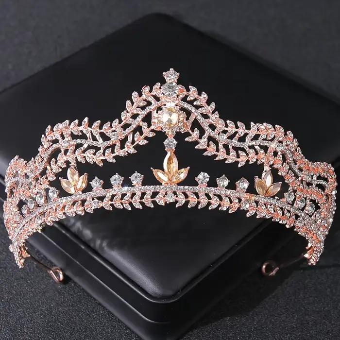 Diadèmes et couronnes en cristal couleur or Rose, strass, diadème de princesse de bal, accessoires pour cheveux de mariée, bijoux couronne diadème