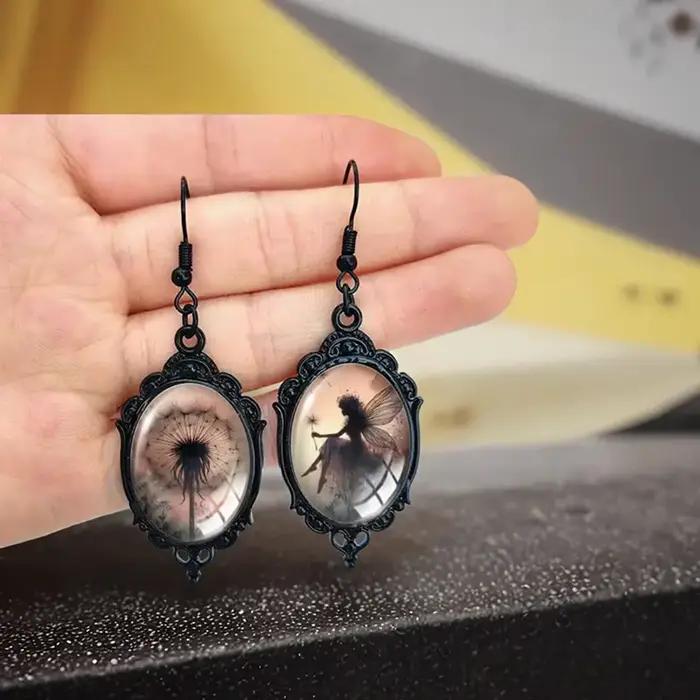 Boucles d'oreilles asymétriques en forme de pissenlit noir pour femmes, bijoux gothiques ovales en verre