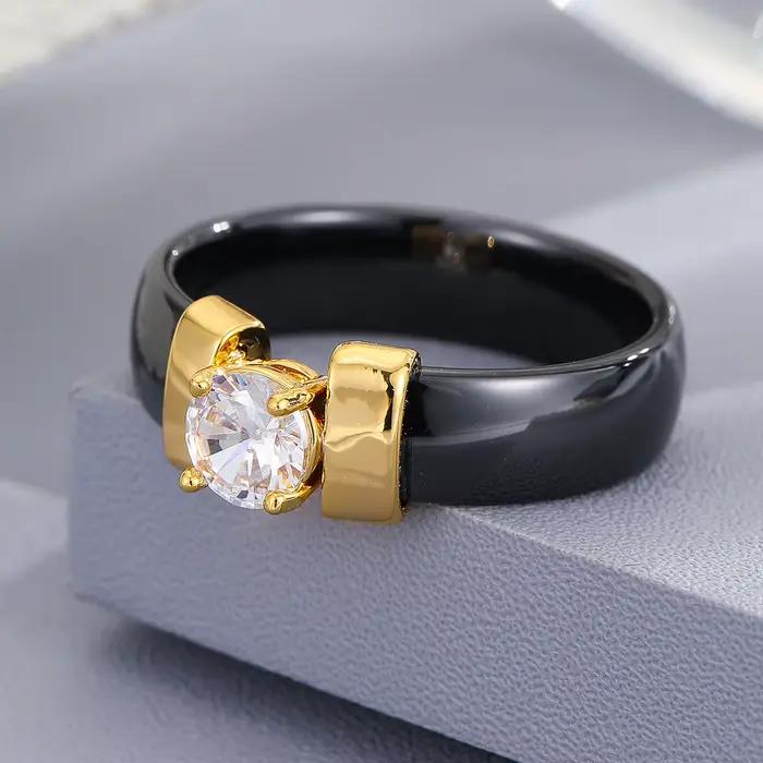 Bague en céramique minimaliste, bague ronde en zircon synthétique, bague pour femme de luxe léger et de niche