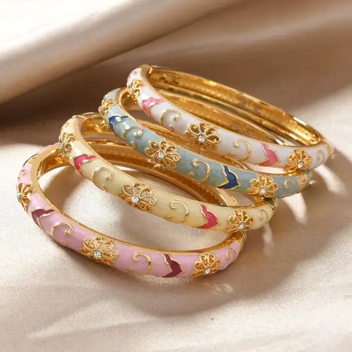 Bracelet manchette de luxe style ethnique doré avec fleurs émaillées multicolores et zircons pour femme, bijou bohème, cadeau de mariée