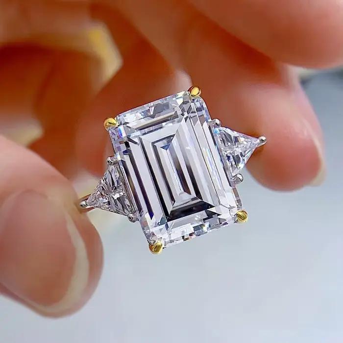 Wong Rain – bague vintage en argent sterling 100% 925, 10x14 MM, saphir de laboratoire taillé en émeraude, diamants à haute teneur en carbone, bijoux fins