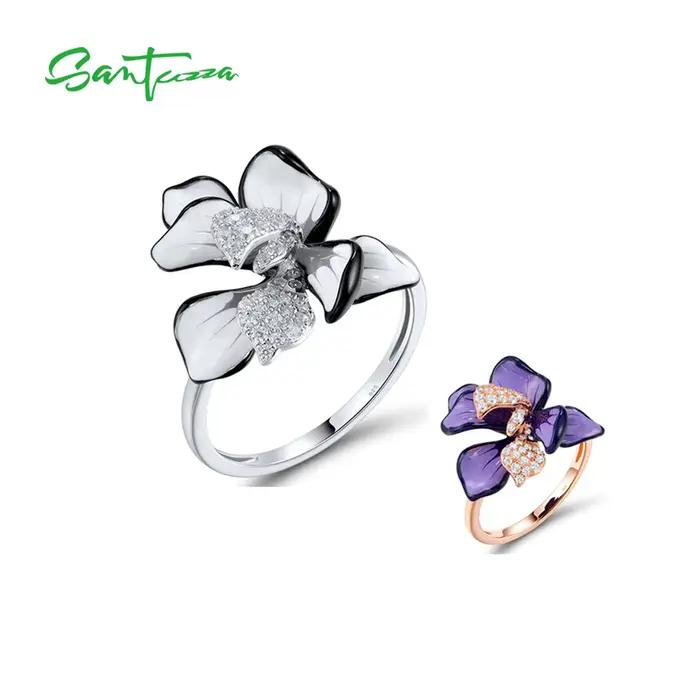 SANTUZZA-Bague en argent regardé 925 pour femme, fleur en émail violet et blanc, cadeaux de fête élégants, bijoux fins