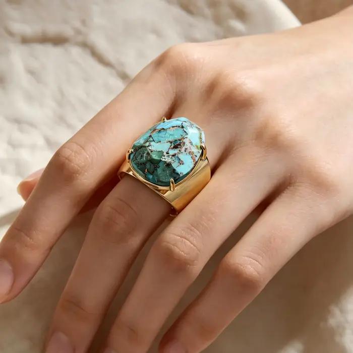 Bagues en pierre turquoise pour femmes, style bohème, pierres précieuses naturelles brutes, bijoux à coupe irrégulière, plaqué or 18 carats, pour fêtes, anniversaires, cadeaux
