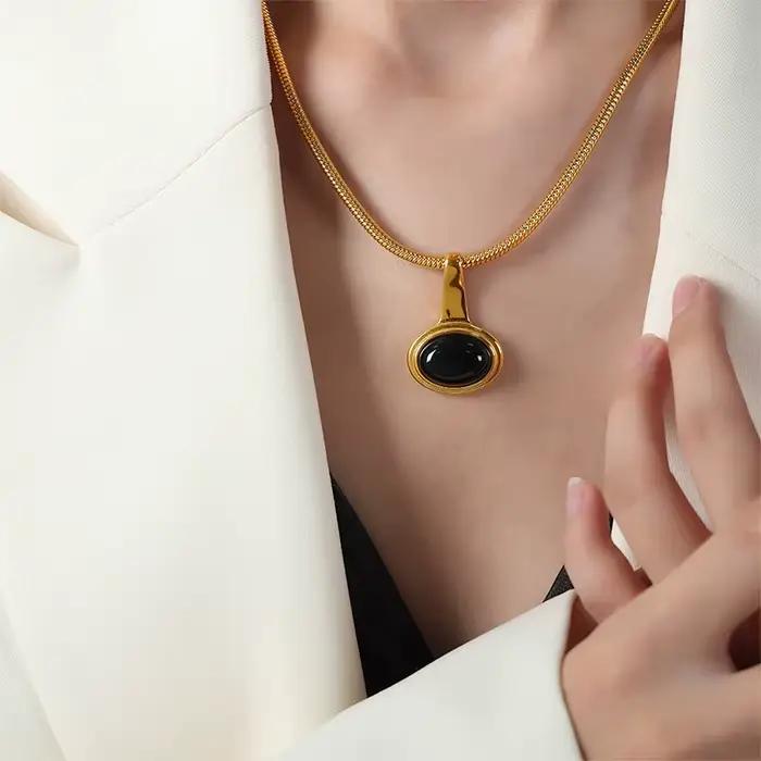 Colliers pendentifs en onyx noir pour femmes, plaqués or 18 carats, en acier inoxydable, collier à maillons épais, bijoux de haute qualité, cadeau