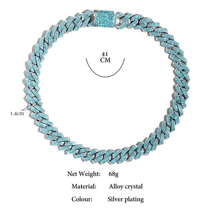 Collier chaîne cubaine pour hommes et femmes, chaîne à maillons sertie de strass bleus, bijoux hip-hop bling-bling