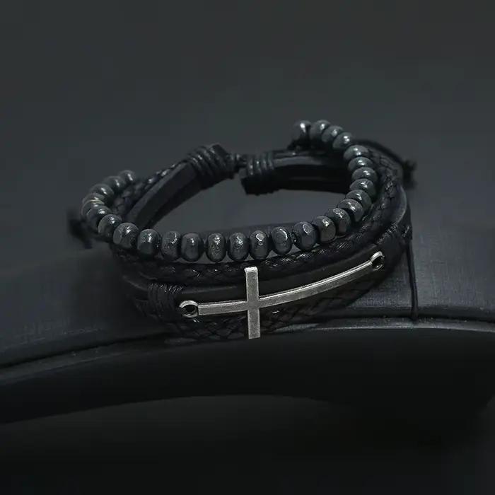 Bracelet rétro à couche croisée pour hommes, Punk noir, cuir de vache tissé à la main, perles réglables, accessoires, bijoux chrétiens