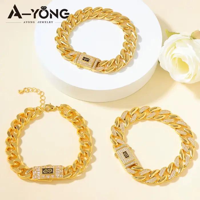 Bracelet Hip Hop de Luxe Dubaï Plaqué Or 21 carats Zirconium Italien Bracelets Cubains Tendance Bijoux Punk pour Femmes Arabes Événements et Fêtes