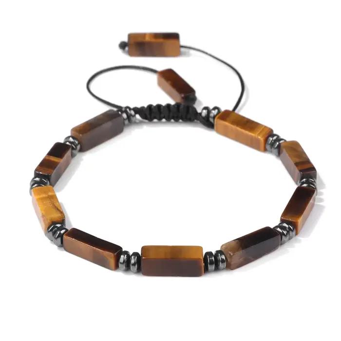 Bracelets de perles rectangulaires d'agates indiennes naturelles pour femmes et hommes, améthystes, corde tressée à la main, bijoux réglables