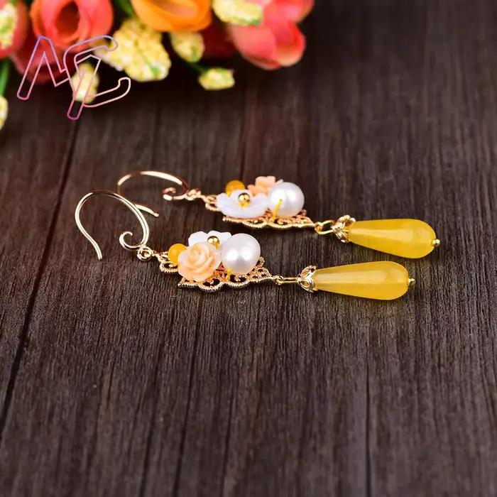 Boucles d'oreilles fleur de Jade naturel jaune, amulette Vintage, cadeaux pour femmes, bijoux réels, breloque sculptée, pierres précieuses de luxe porte-bonheur