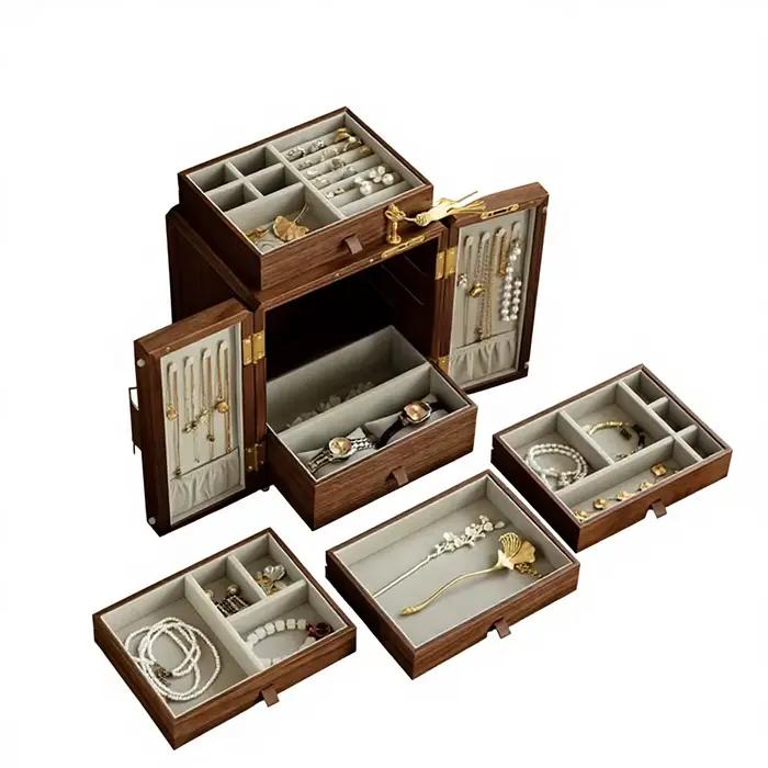 Boîte à bijoux antique en noyer avec serrure - Boîte de rangement en bois artisanale haut de gamme et exquise, et boîte à artisanat en bois