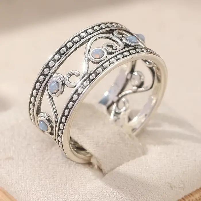 Bague creuse style bohème incrustée de pierre de lune synthétique élégante pour femmes occasions spéciales banquets vacances artisanat