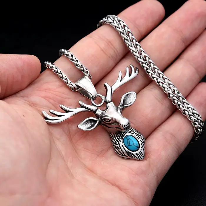 Collier pendentif tête de renne vintage en acier inoxydable incrusté de pierres précieuses artificielles pour homme, bijou de mode urbaine, cadeau