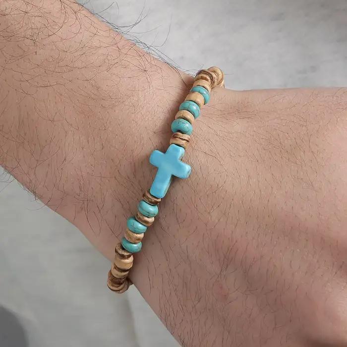 Bracelet bohème en coquille de noix de coco pour hommes, copeaux de bois, croix, rétro, fait à la main, bijoux en perles, accessoires de mode, cadeaux