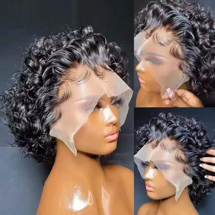 Perruque courte bouclée Pixie Cut, dentelle transparente 13x1, 100% cheveux humains, perruque brésilienne couleur bordeaux 99J pour femmes