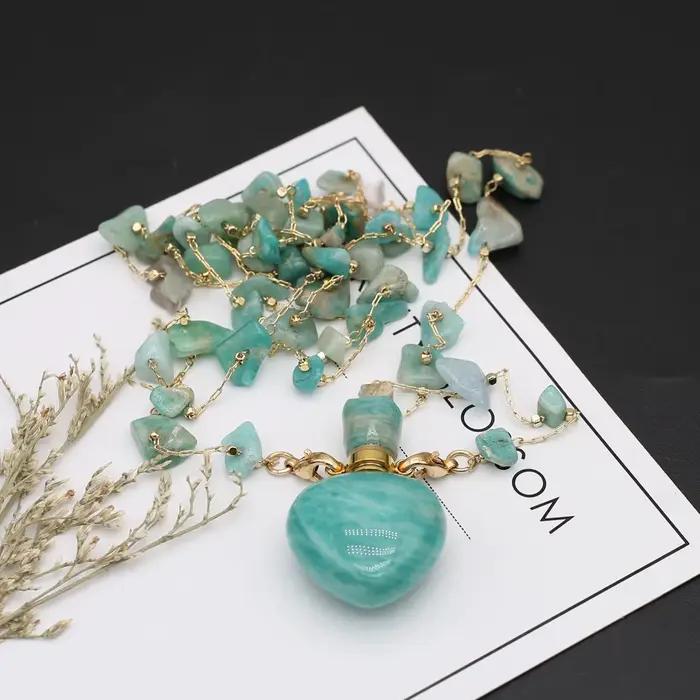 Collier bouteille de parfum Amazonite, pendentif en pierre en forme de cœur, diffuseur d'huile essentielle, breloques pour femmes et hommes, accessoires de bijoux
