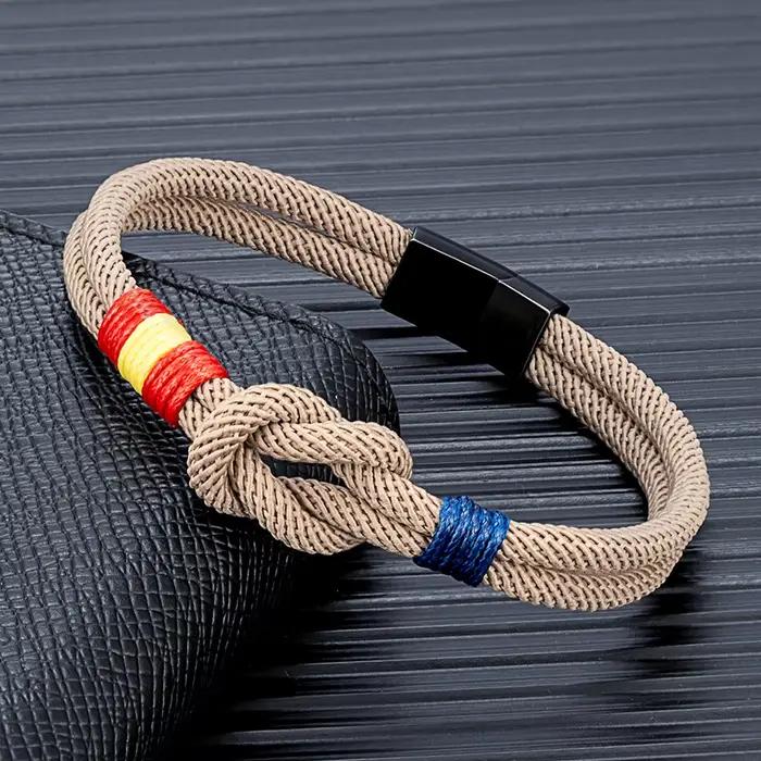 Bracelet drapeau espagnol – Corde double couche tissée à la main avec boucle magnétique en acier inoxydable noir, bijoux de couple pour hommes et femmes