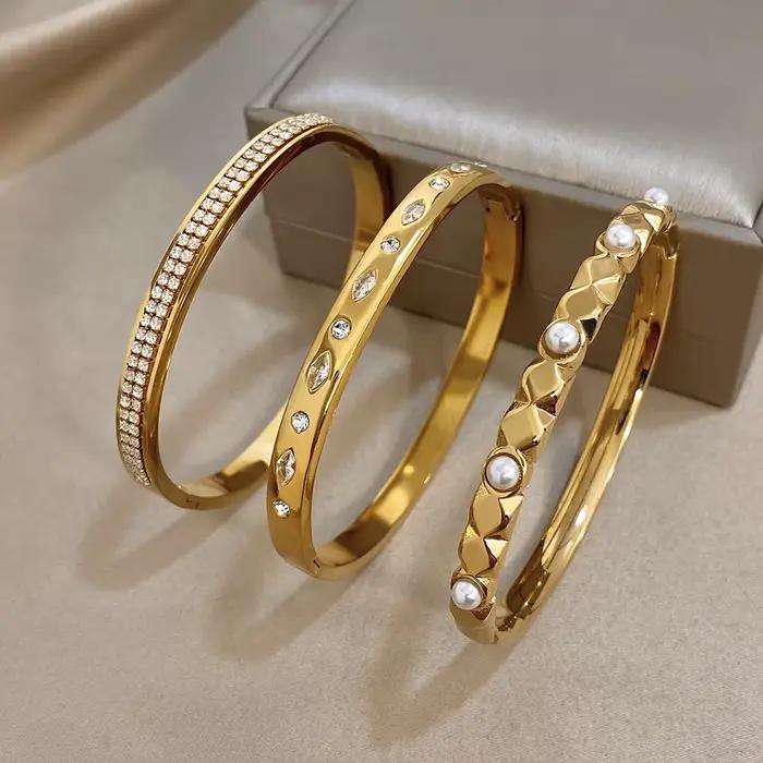 Greatera – Bracelet ovale en strass doré, à la mode, deux rangées de diamants incrustés de perles en acier inoxydable pour femmes, nouveau
