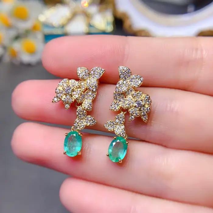 Magnifiques boucles d'oreilles en argent sterling S925, émeraude véritable, bijoux avant à la mode pour son grand cadeau pour les anniversaires et les vacances