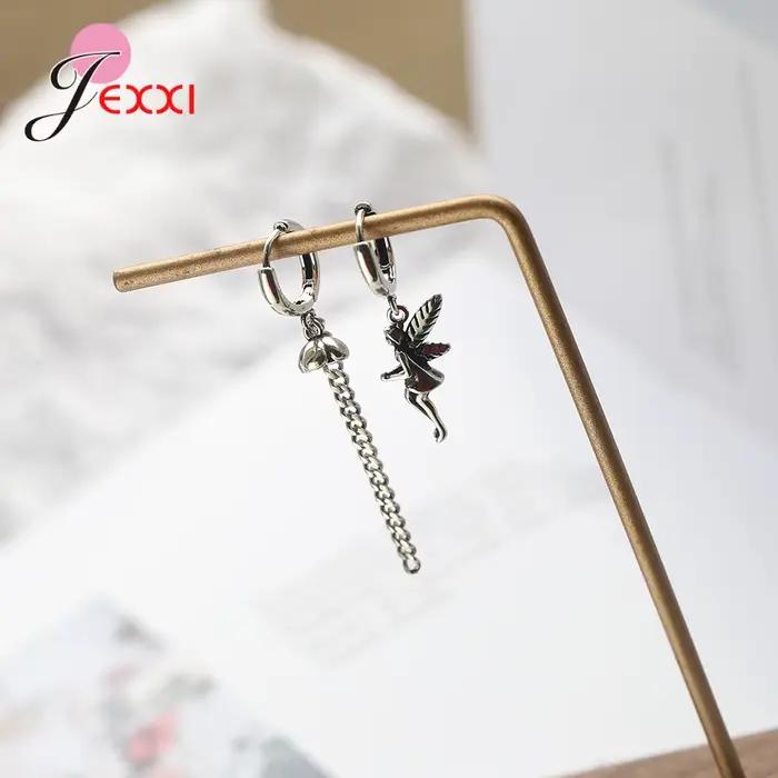 Boucles d'oreilles Vintage en argent Sterling 925 pour femmes, bijoux fins, asymétrie, chaîne elfe, pompon, accessoires de fête pour filles