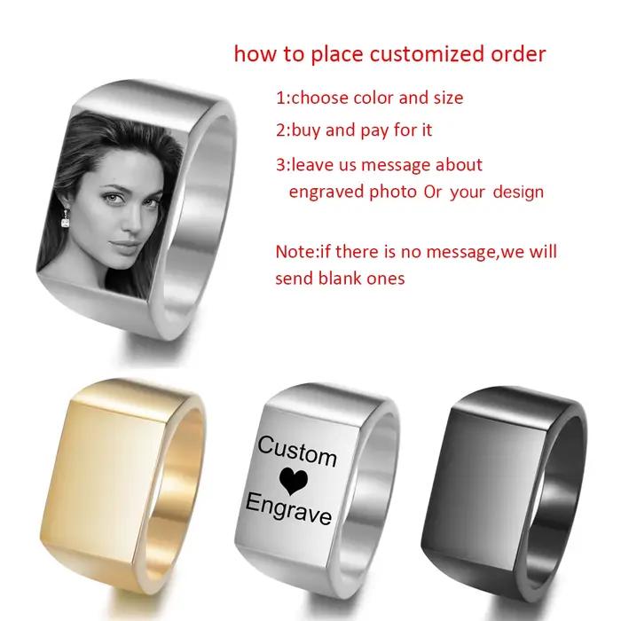 Anneaux pour femmes personnalisé gravé Photo nom mots Rectangle anneaux pour hommes cadeaux Anillos Mujer Anel bijoux en acier inoxydable
