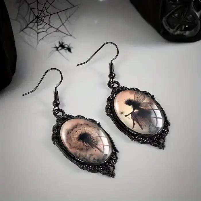 Boucles d'oreilles asymétriques en forme de pissenlit noir pour femmes, bijoux gothiques ovales en verre