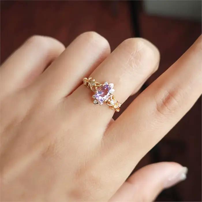 LAMOON – bague de luxe Vintage en améthyste naturelle pour femmes, exquise, ajourée, en argent Sterling 925, plaqué or 14 carats, bijoux fins