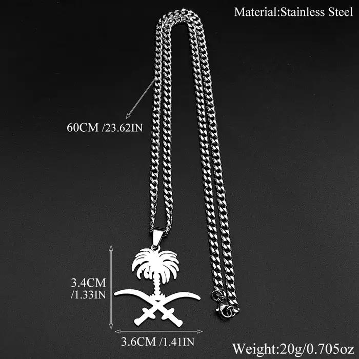 Collier pendentif emblème national d'Arabie Saoudite, palmier et épée croisée Ali, en acier inoxydable couleur or, bijoux arabes islamiques