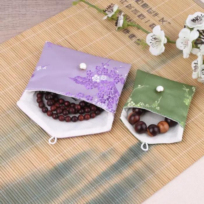 Sac à bijoux en Satin lisse, sac de rangement de bijoux floraux à boucle, sac à main brodé, portefeuille pour dames