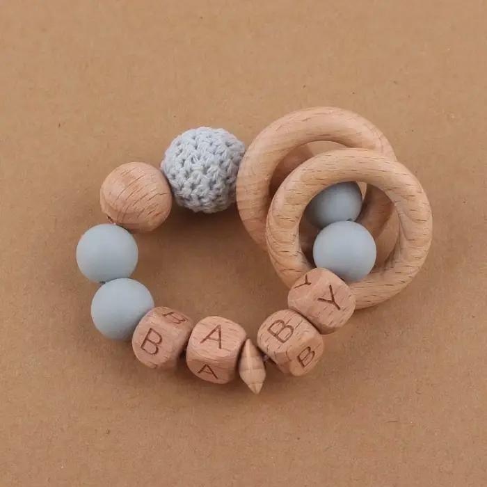 Bracelet de dentition pour bébé, fait à la main, nom personnalisé gratuit, artisanat en bois, perle gravée, perles en Silicone de qualité alimentaire, pendentif Animal en bois