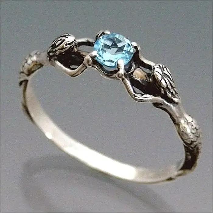 Bague vintage délicate sculptée en zircone synthétique bleue argentée, design élégant et chic pour femme, accessoires de bijoux pour banquets et anniversaires