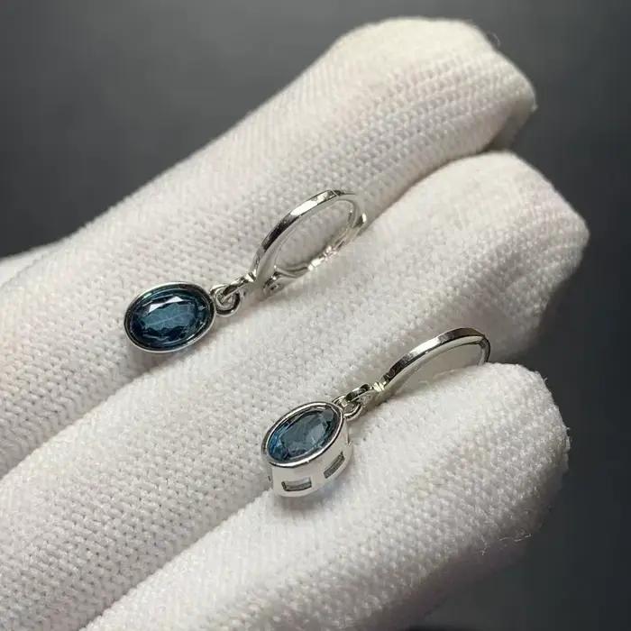 HEYYA STONE Vintage naturel bleu topaze boucles d'oreilles Simple classique rond cercle pierres précieuses bijoux à la main 14K or exclusif
