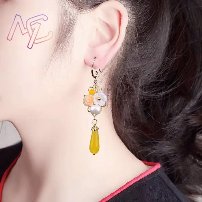 Boucles d'oreilles fleur de Jade naturel jaune, amulette Vintage, cadeaux pour femmes, bijoux réels, breloque sculptée, pierres précieuses de luxe porte-bonheur
