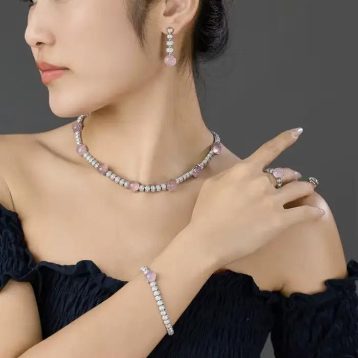 MEE-Boucles d'Oreilles en Calcédoine Rose Incrustée pour Femme, Argent Sterling 925 Plaqué Or, Mode Toxique