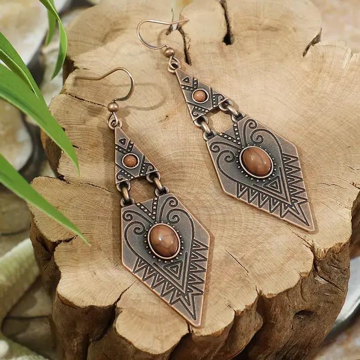 Boucles d'oreilles pendantes vintage bohèmes géométriques marron pour femme, bijoux ethniques tendance avec fleurs et pampilles en forme de goutte d'eau
