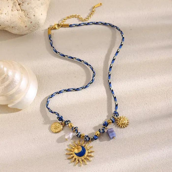 E.B.belle – collier à breloques soleil bleu en acier inoxydable pour femmes, plaqué or 18 carats, Design Unique, bijoux de Style bohémien