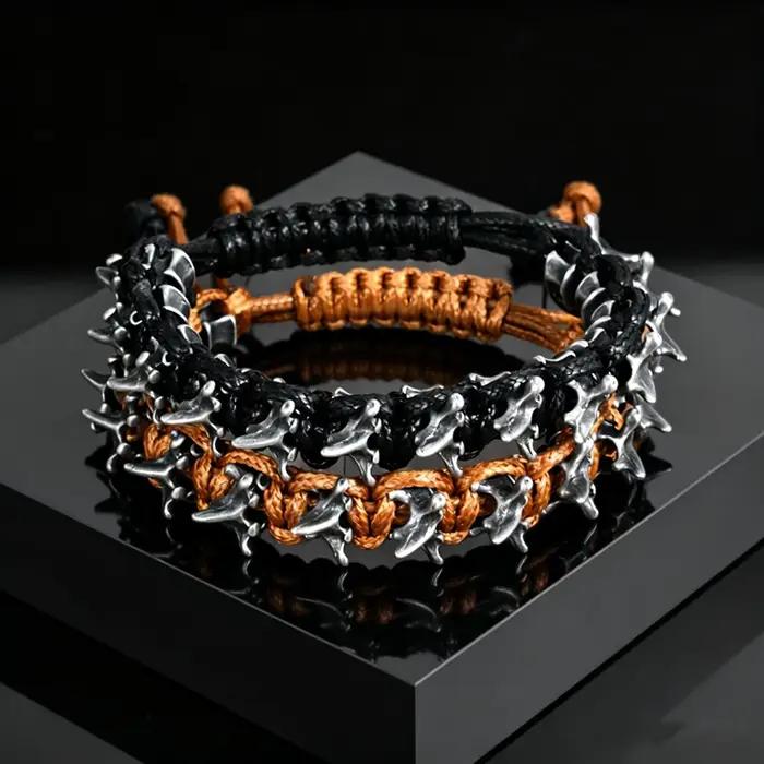 Bracelet ajustable en corde tressée avec épines de dragon gothique en métal pour hommes, bijoux punk hip-hop