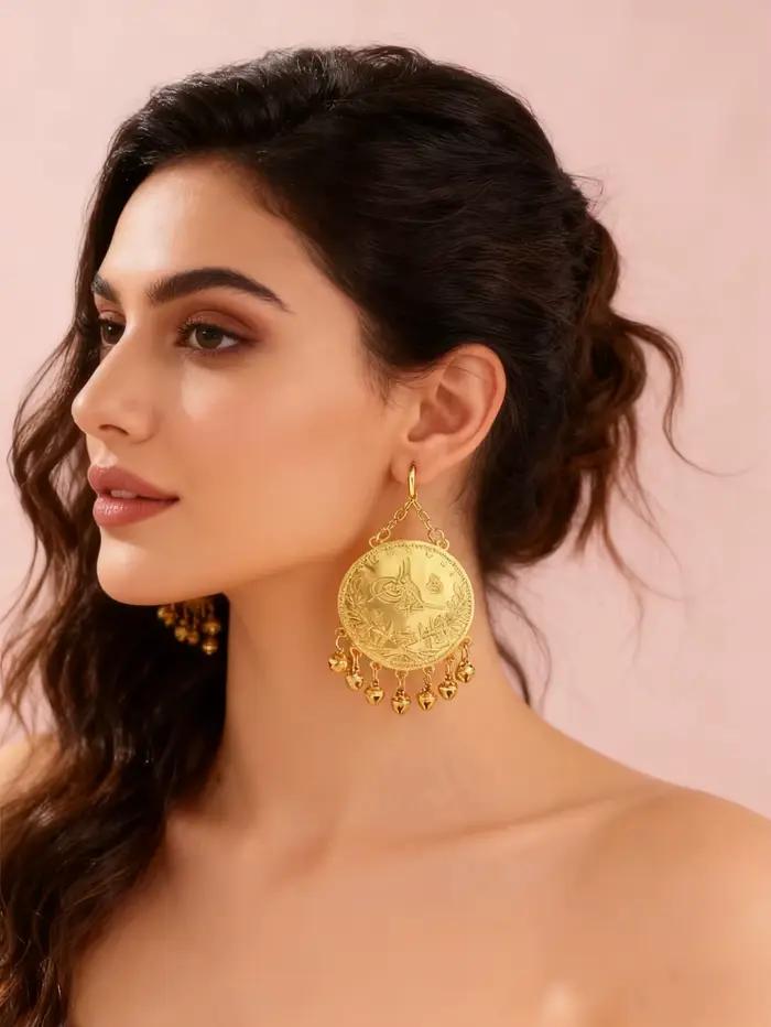 1 paire de boucles d'oreilles luxueuses pour femmes, en forme de pièce de monnaie avec motifs ottomans turcs gravés, associées à de petits pendentifs clochettes, bijoux pour femmes à porter lors de fe
