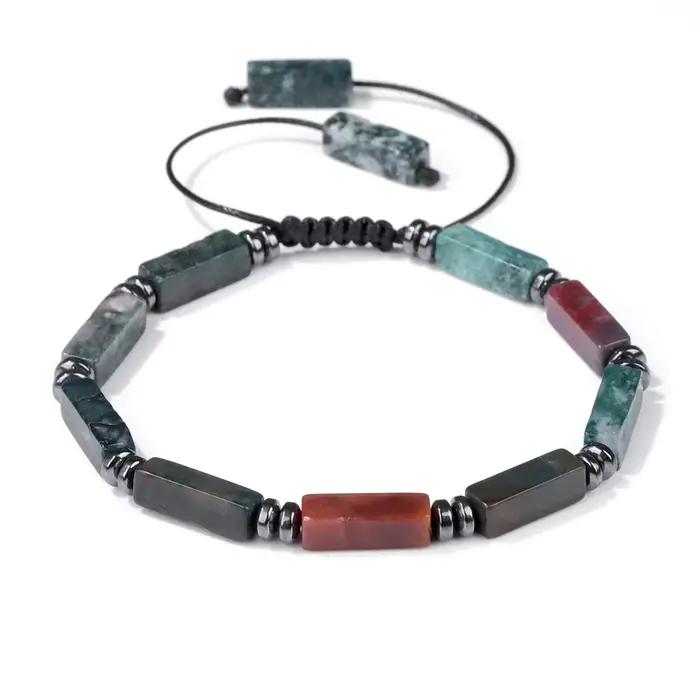Bracelets de perles rectangulaires d'agates indiennes naturelles pour femmes et hommes, améthystes, corde tressée à la main, bijoux réglables