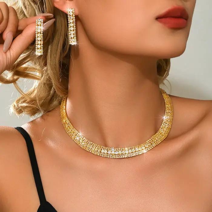 Ensemble de bijoux collier et boucles d'oreilles Super scintillants pour femmes, collier de mariage de mariée Simple et luxueux, élégant et élégant