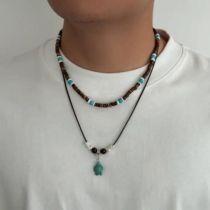 Collier pour homme en noix de coco naturelle, style vacances à la plage, pendentif, bijoux